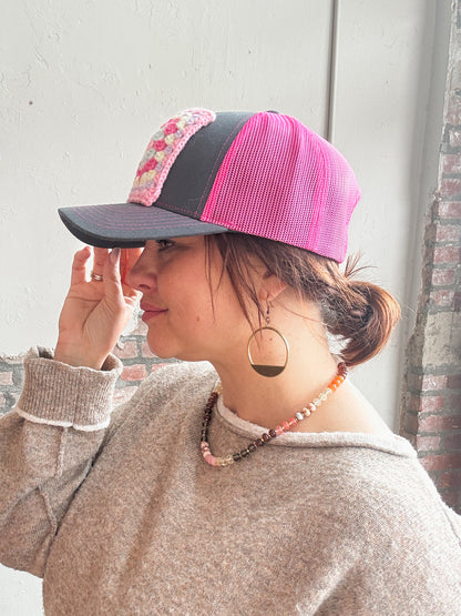 Granny Square Trucker Hat in Lt Pink/Lt Purple