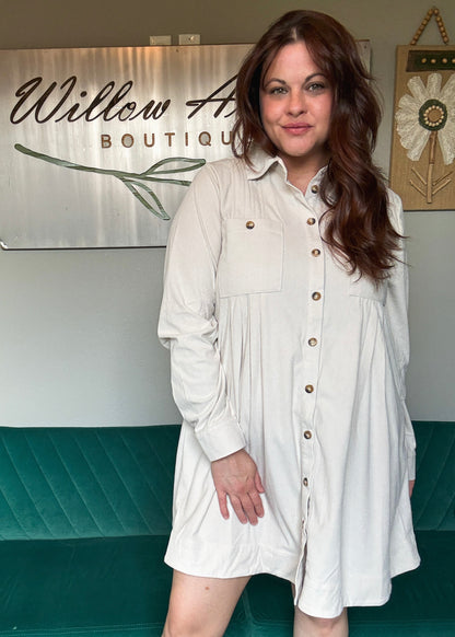 Autumn Corduroy Shirt Dress in Oatmeal
