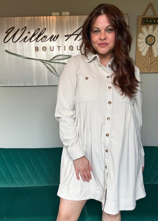 Autumn Corduroy Shirt Dress in Oatmeal