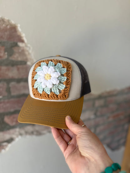 Granny Square Trucker Hat in Blue Daisy
