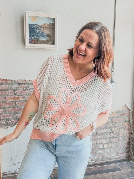 Daisy Patch Net Sweater in Cream