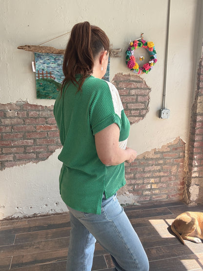 The Willow Lace Ribbed Top in Kelly Green
