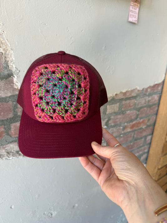 Granny Square Trucker Hat in Pink/Green Mix