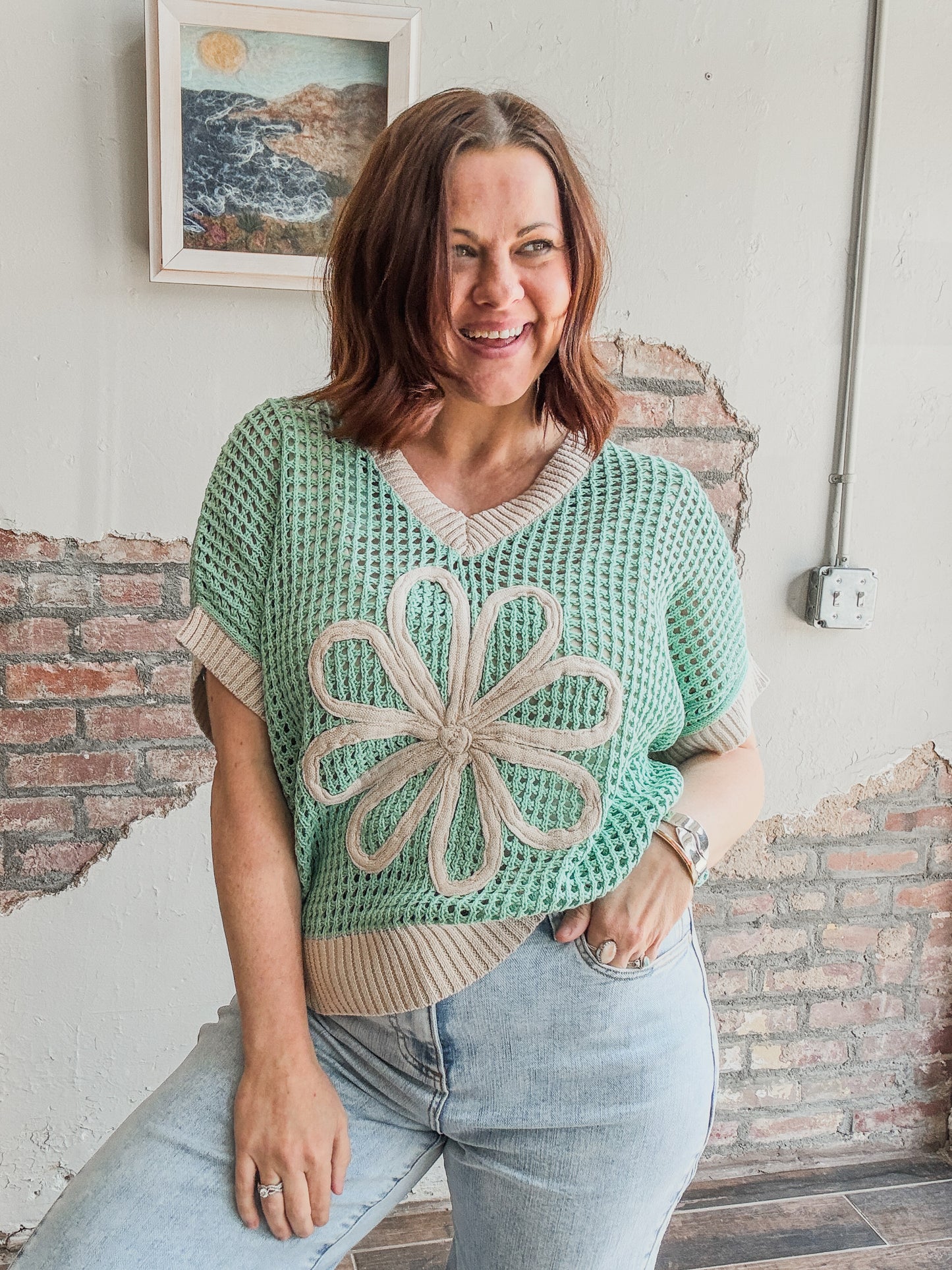 Daisy Patch Net Sweater in Green