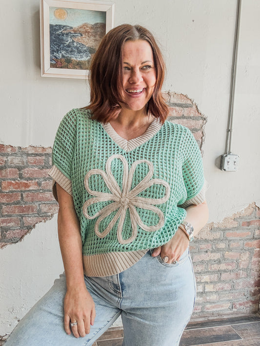 Daisy Patch Net Sweater in Green