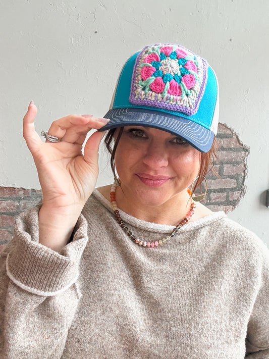 Granny Square Trucker Hat in Purple/Multi