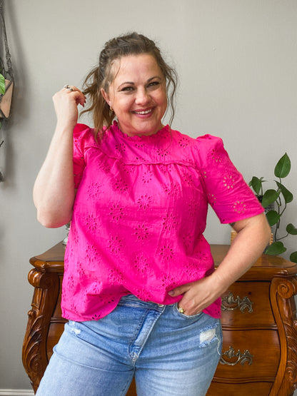 Clara Ruffle Neck Eyelet Top (Hot Pink)