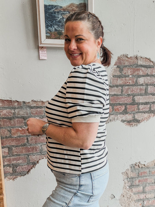 Pretty in Puff Striped Sleeve Top in Ivory/Black