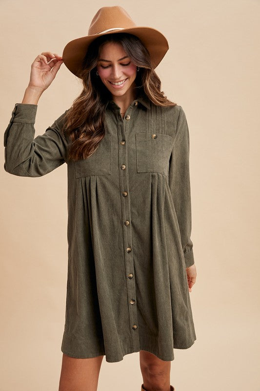 Autumn Corduroy Shirt Dress in Olive