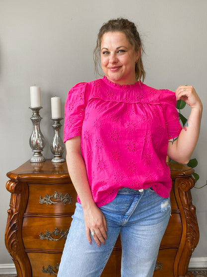 Clara Ruffle Neck Eyelet Top (Hot Pink)