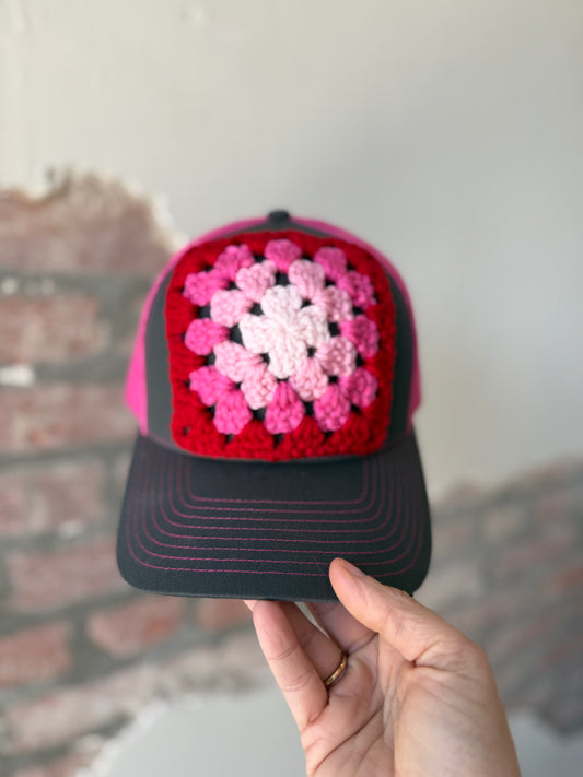 Granny Square Trucker Hat in Red/Pink