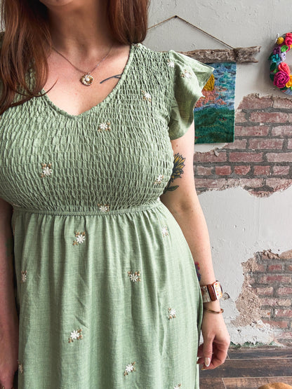 Meadow Embroidered Dress in Olive
