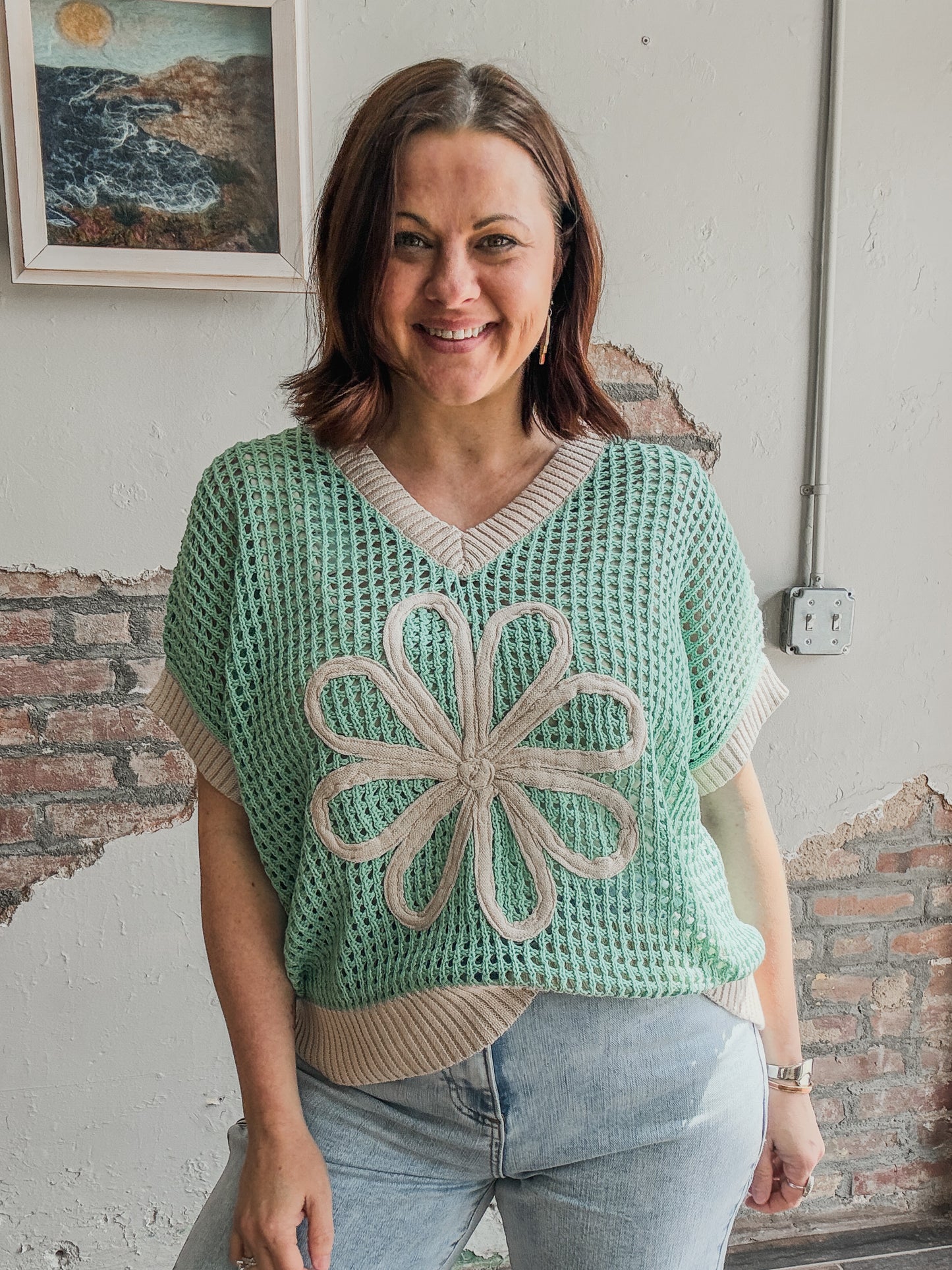 Daisy Patch Net Sweater in Green
