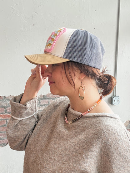 Granny Square Trucker Hat in Lt Pink/White