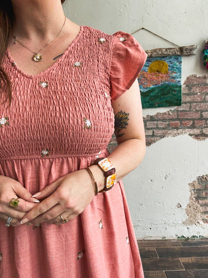 Meadow Embroidered Dress in Light Sienna