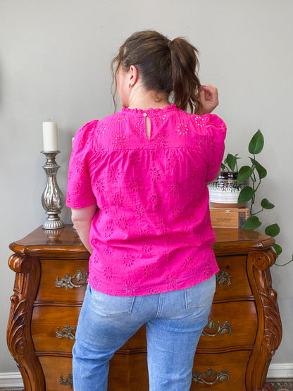 Clara Ruffle Neck Eyelet Top (Hot Pink)