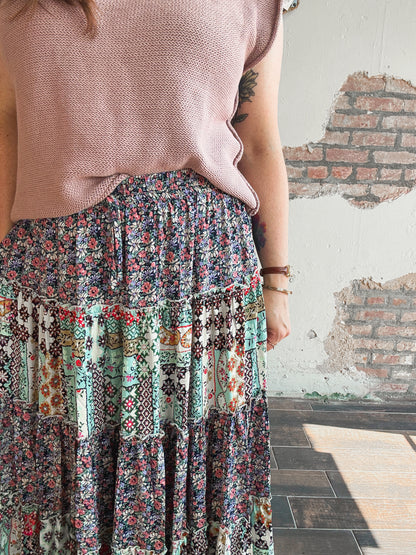 Prairie Bloom Patchwork Skirt in Navy