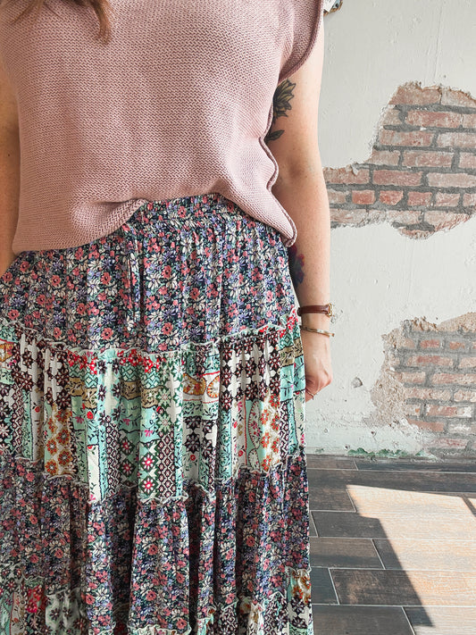 Prairie Bloom Patchwork Skirt in Navy