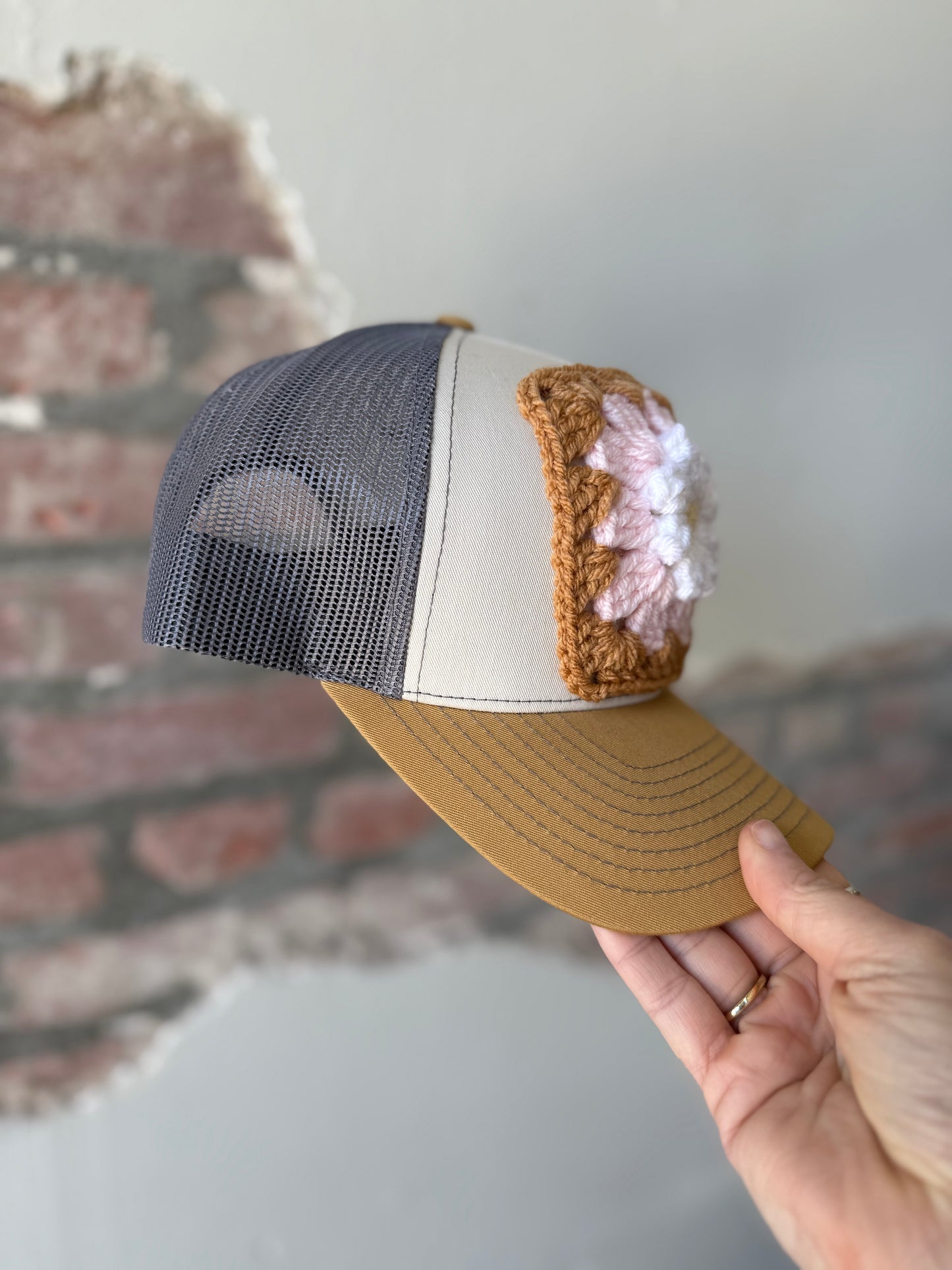 Granny Square Trucker Hat in Pink Daisy