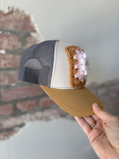 Granny Square Trucker Hat in Pink Daisy