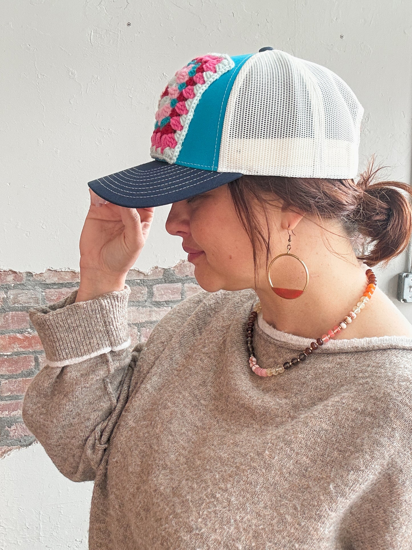 Granny Square Trucker Hat in Lt Blue/Dk Pink
