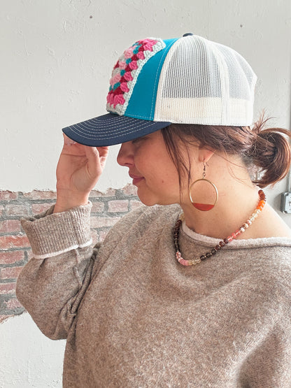Granny Square Trucker Hat in Lt Blue/Dk Pink