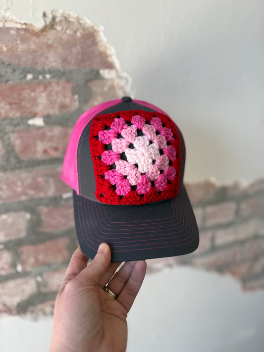 Granny Square Trucker Hat in Red/Pink