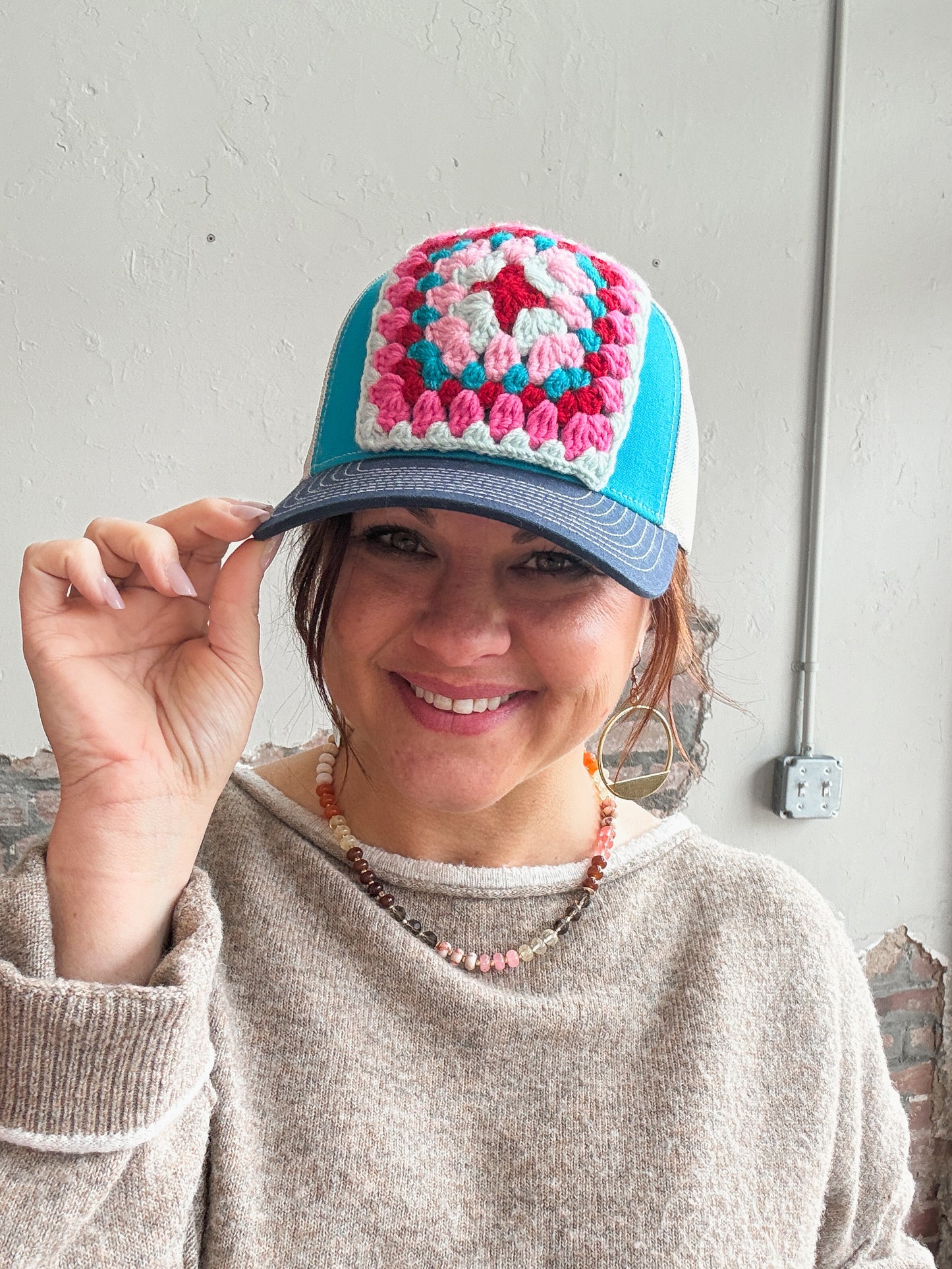 Granny Square Trucker Hat in Lt Blue/Dk Pink