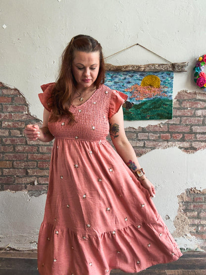 Meadow Embroidered Dress in Light Sienna