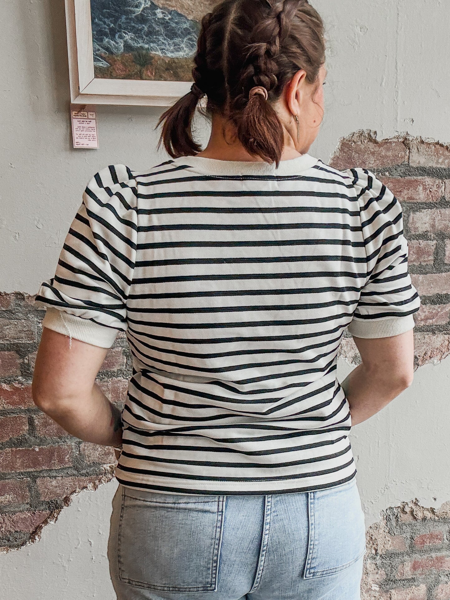 Pretty in Puff Striped Sleeve Top in Ivory/Black