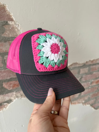 Granny Square Trucker Hat in Dk Pink/Teal