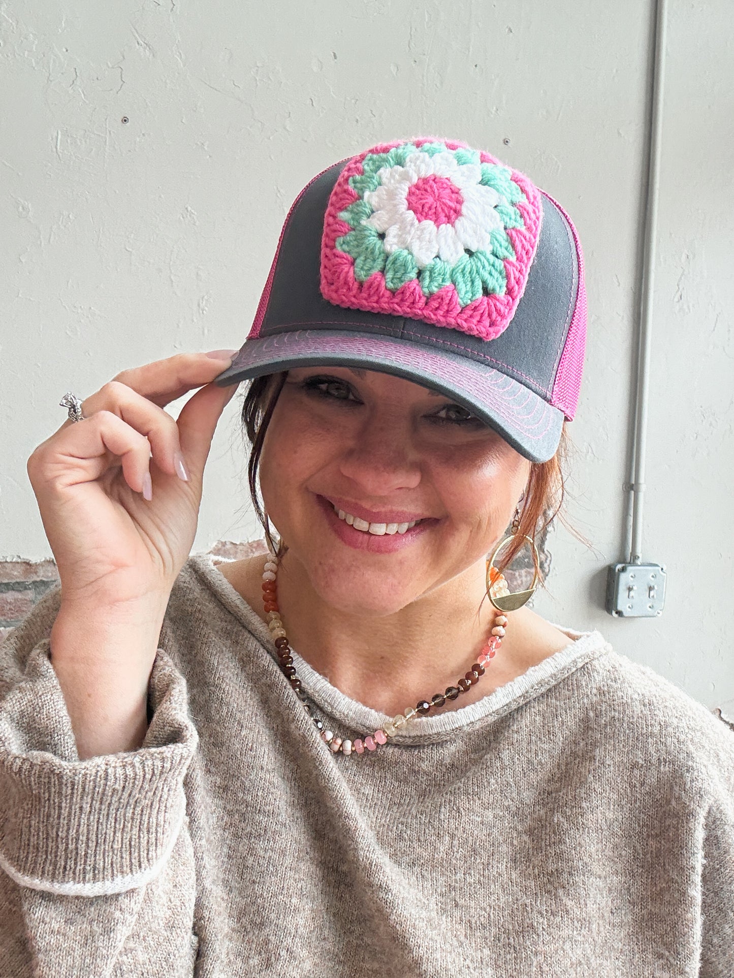 Granny Square Trucker Hat in Dk Pink/Teal